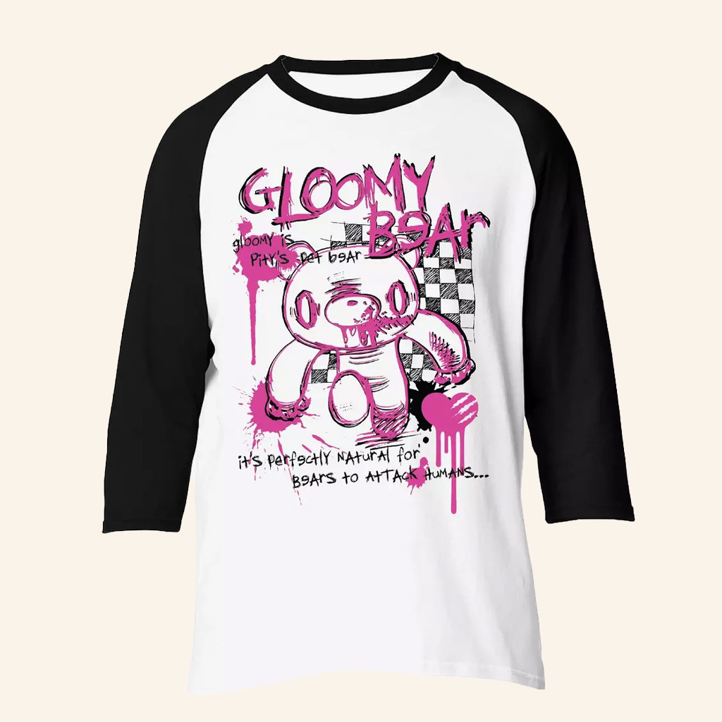 Hot Topic Merch Gloomy Bear Pink Outline Checkered Girls Raglan T-Shirt Gifts Fort Her
