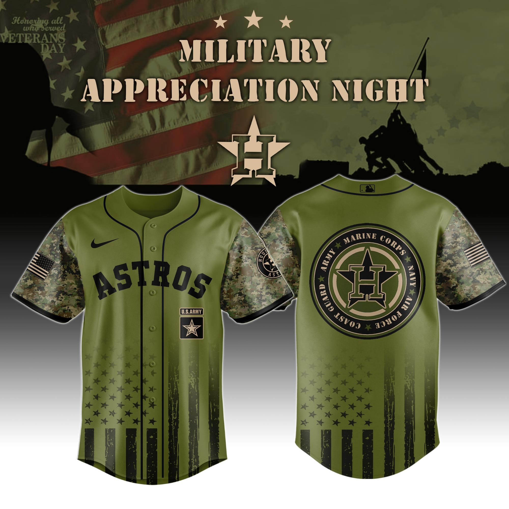 Houston Astros MLB x Military Appreciation Night US Army Jersey Baseball Player Gift Ideas