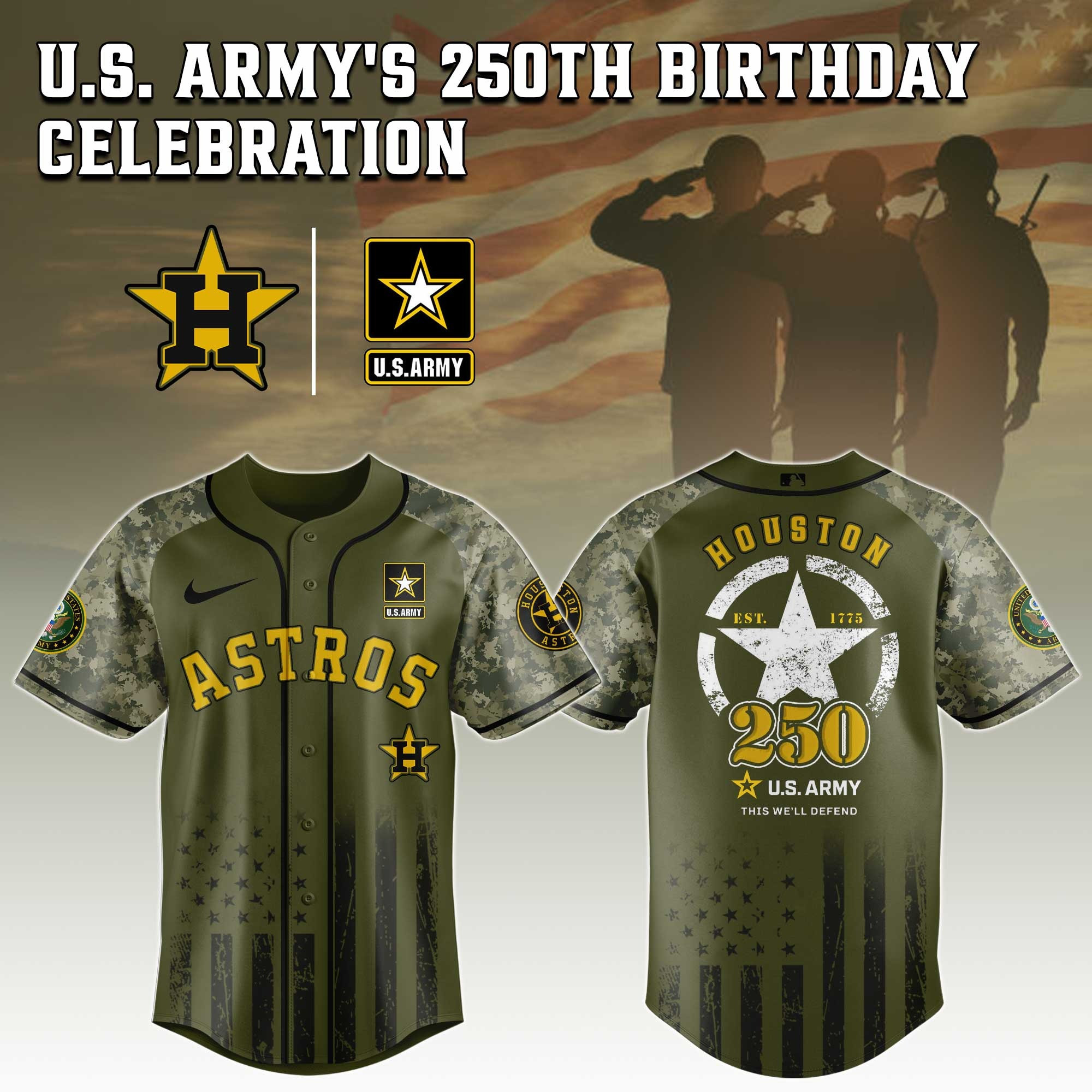 Houston Astros MLB x US ARMY'S 250th Birthday Jersey 2025 Cool Baseball Gifts