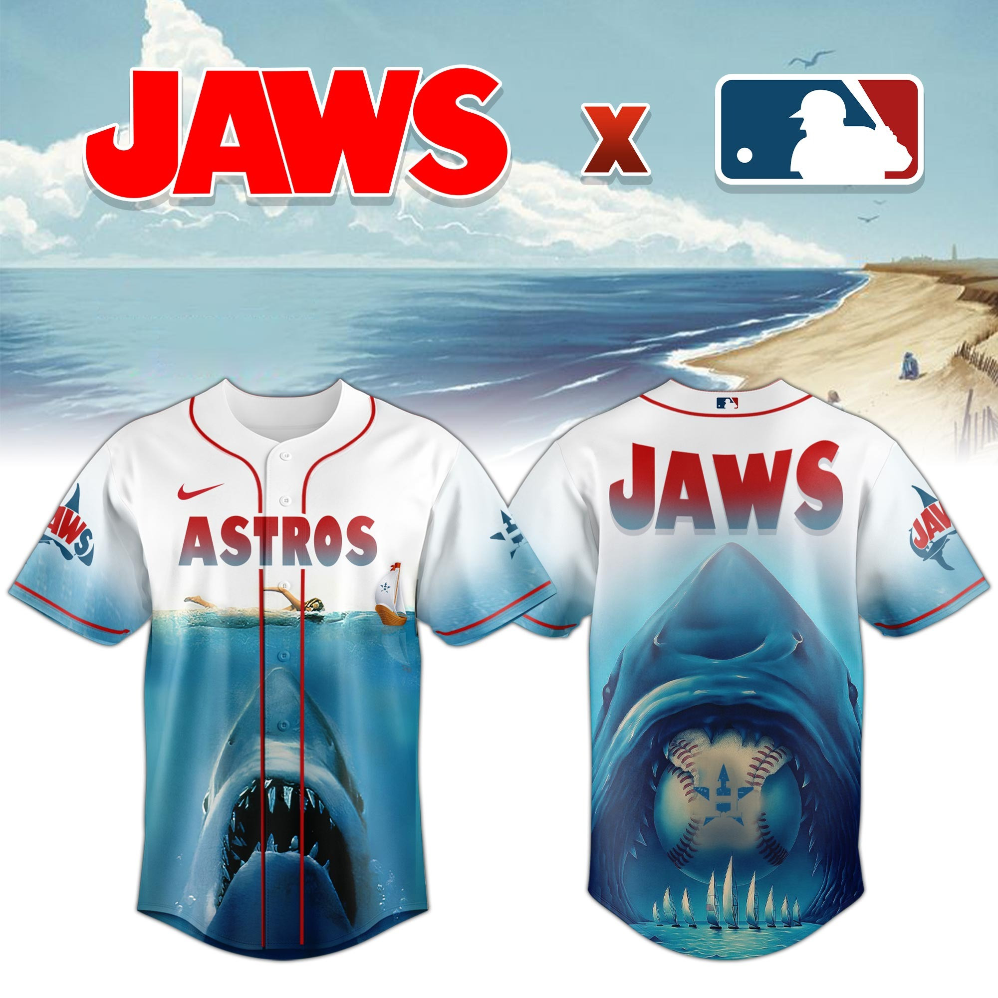 Houston Astros x JAWS Jersey MLB Merch Baseball Lovers Themed Gifts For Jaws Fans For Him