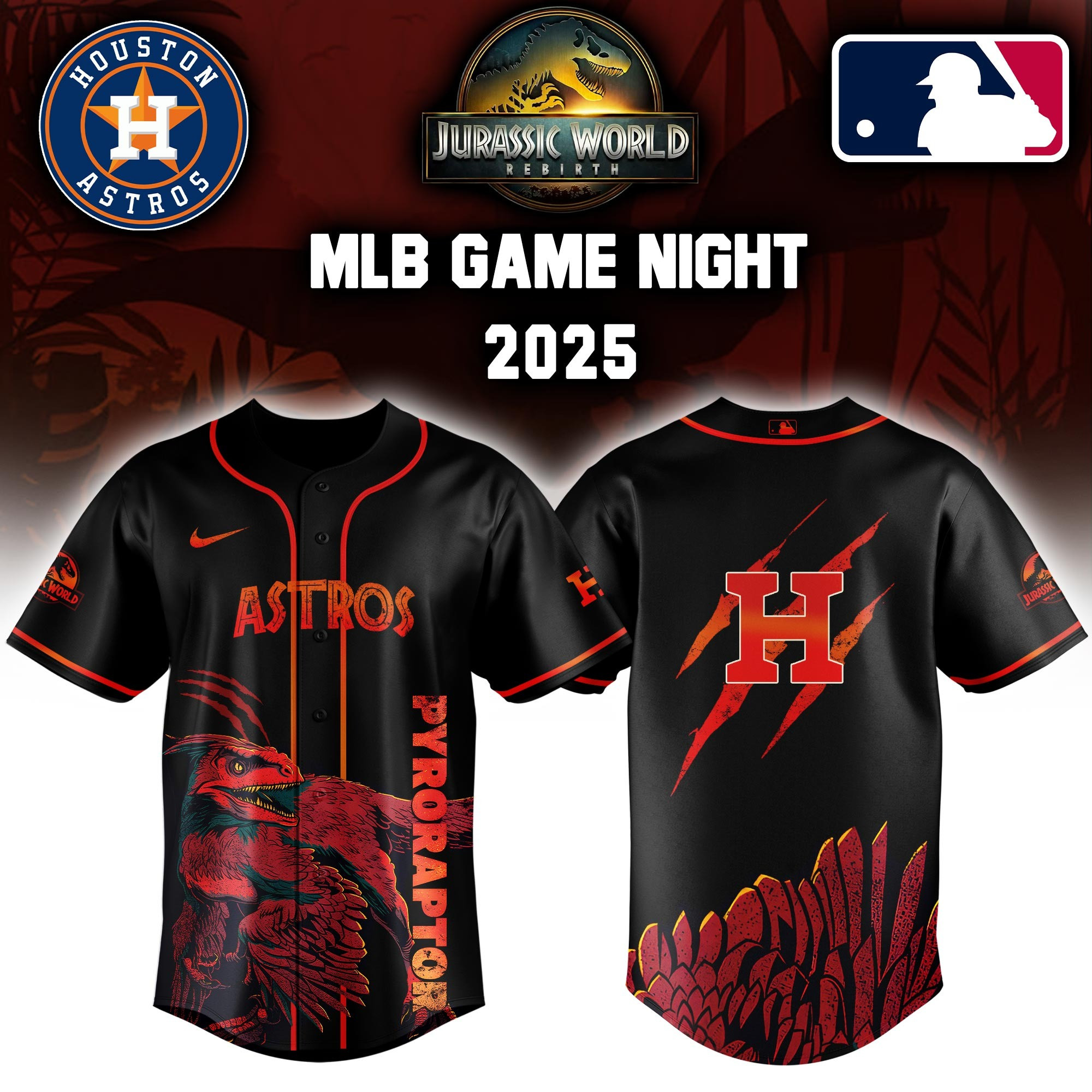 Houston Astros x Jurassic World Baseball Jersey Baseball Team Gift Ideas