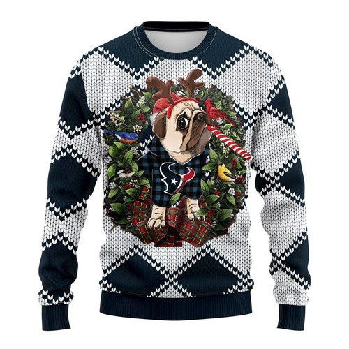 Houston Texans Pug Dog Ugly Christmas Sweater Cute Pug Jumpers For Football Fan Gifts