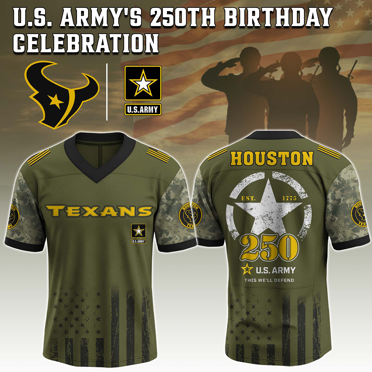 Houston Texans US Army 250th Anniversary Football Jersey V-Neck Gift For Texans Fans
