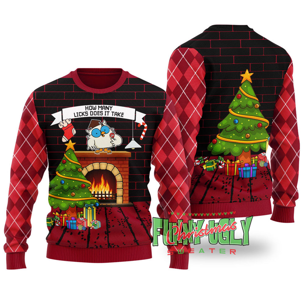 How Many Licks Mr Owl Funny Sweater Cardinal Red Custom Christmas Sweatshirt for Family Matching