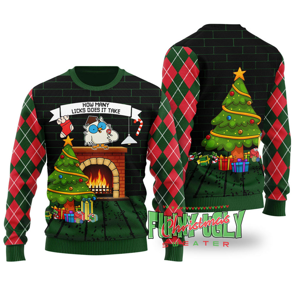 How Many Licks Mr Owl Funny Sweater Forest Green Warm Winter Sweater to Brighten Your Holidays