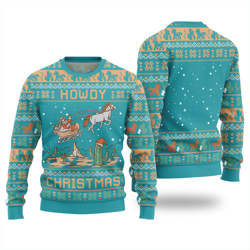 Howdy Christmas Santa Claus Funny Christmas Sweaters For Adults Blue Perfect Gift Sweater for Friends and Family