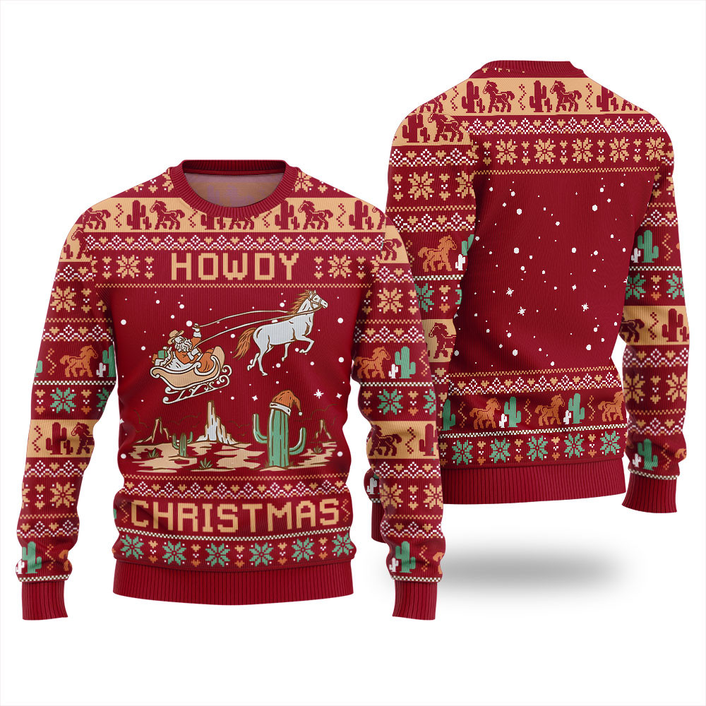Howdy Christmas Santa Claus Ugly Holiday Sweater Red Comfortable Holiday Sweater for Chilly Nights