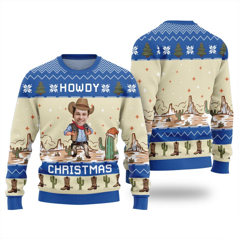 Howdy Christmas Ugly Western Christmas Sweater Custom Face Royal Christmas Gifts For Dad