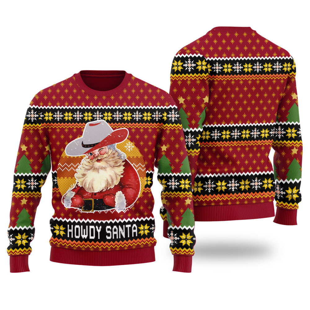 Howdy Santa Retro Ugly Christmas Sweater Cardinal Red Popular Holiday Gift Merch for Everyone