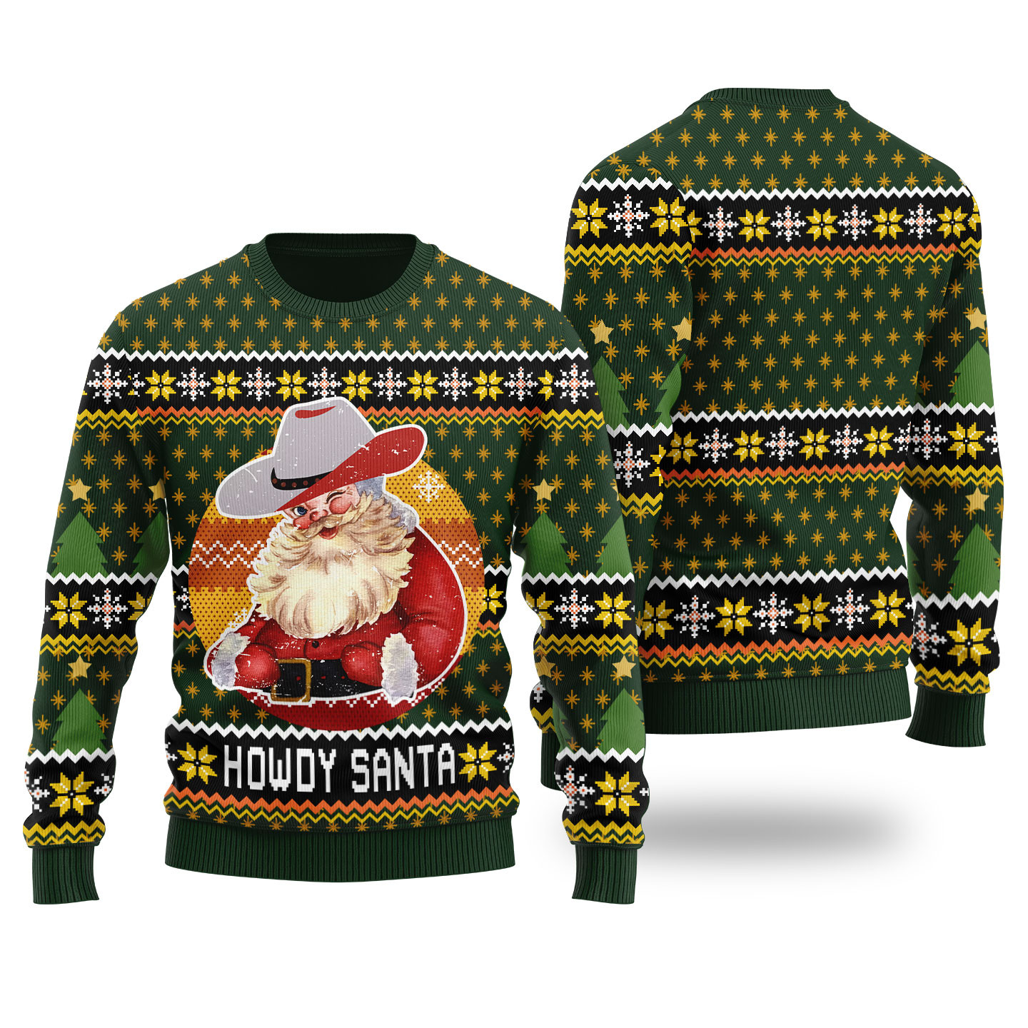 Howdy Santa Retro Ugly Christmas Sweater Forest Green Classic Holiday Sweater for Festive Looks