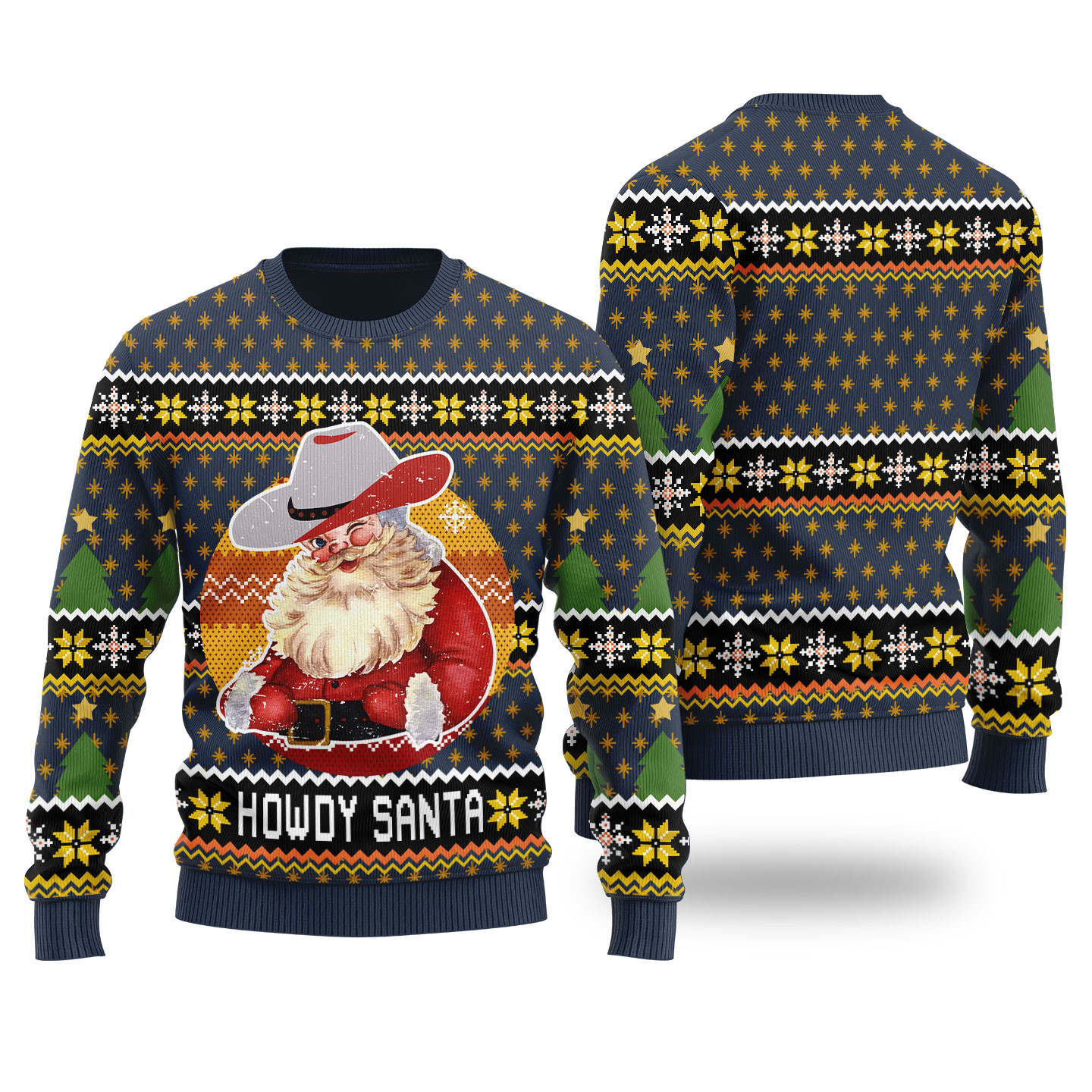 Howdy Santa Retro Ugly Christmas Sweater Navy Personalized Christmas Sweatshirt Gift for Family