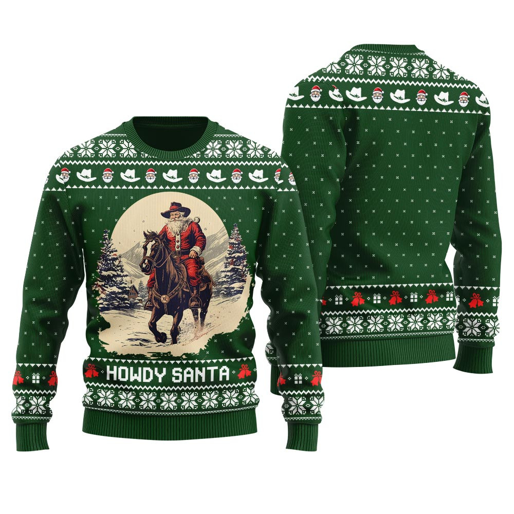 Howdy Santa Western Christmas Sweater Green Cute Christmas Sweatshirt for Holiday Spirit