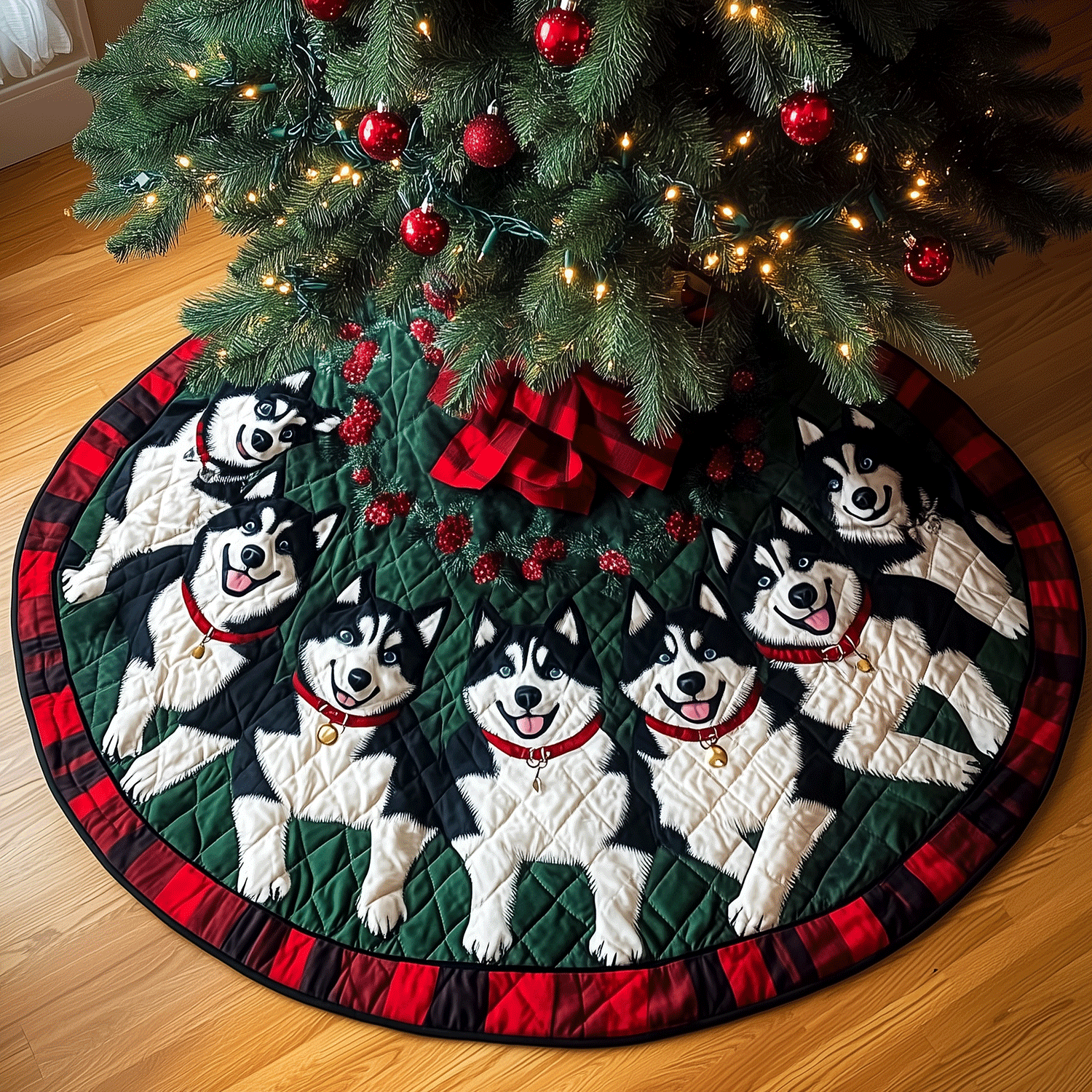 Howling Holiday Huskies Quilted Christmas Tree Skirt Christmas Tree Decor Husky Lover Gifts