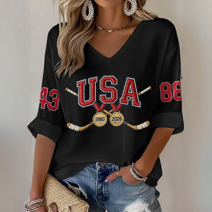 Hughes USA Hockey 86 V-Neck Long Sleeve Shirt USA Hockey Gold Merch Present For Fan