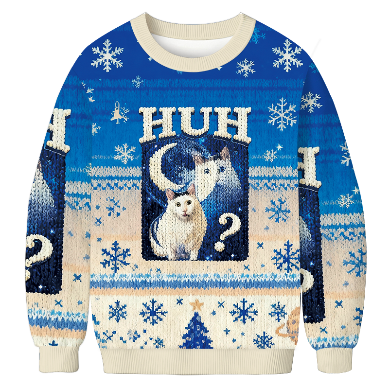 Huh Cat Funny Dank Meme Moon Christmas Ugly Sweatshirt Festive Xmas Winter Sweater Gift Ideas