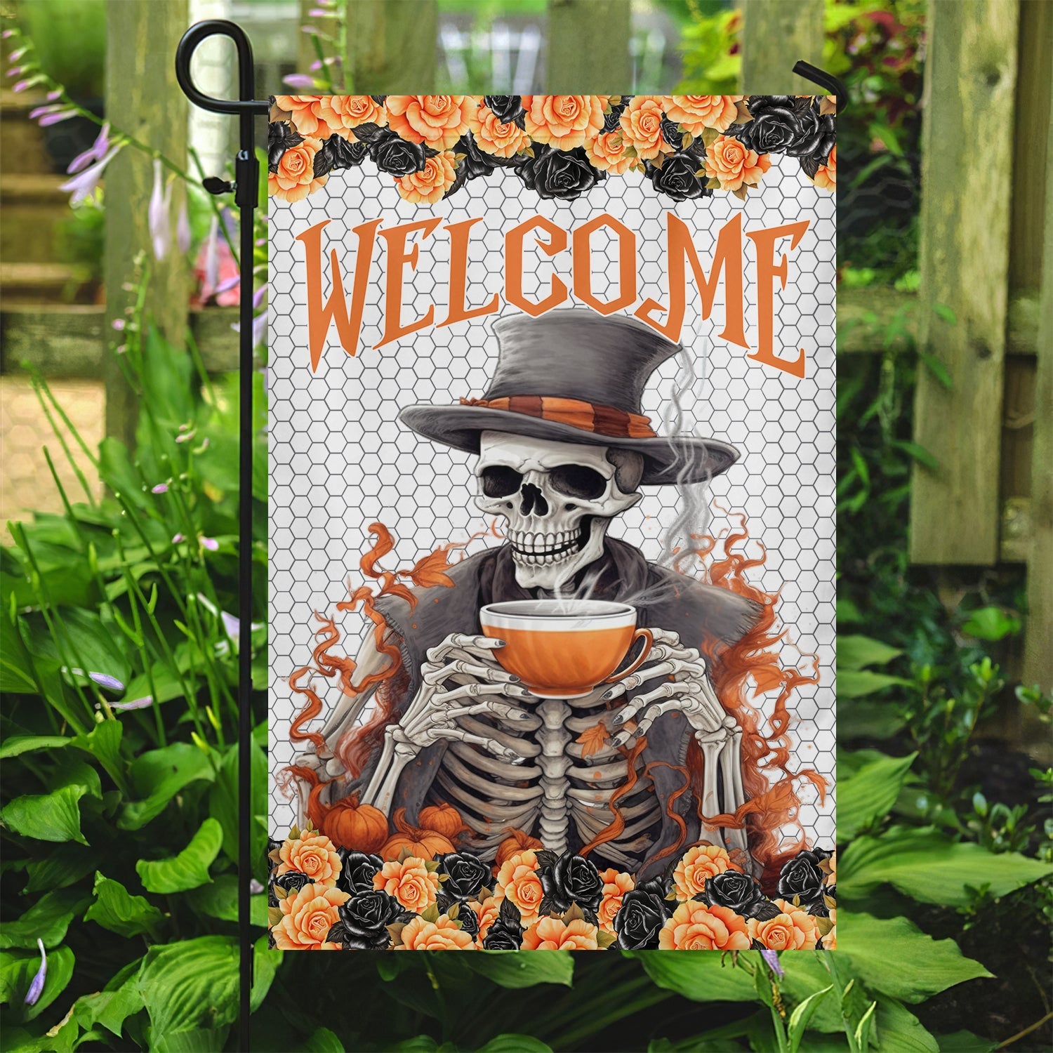 Human Skeleton Holding A Cup Of Tea Flag Halloween Merch Gift For Skeleton Lovers