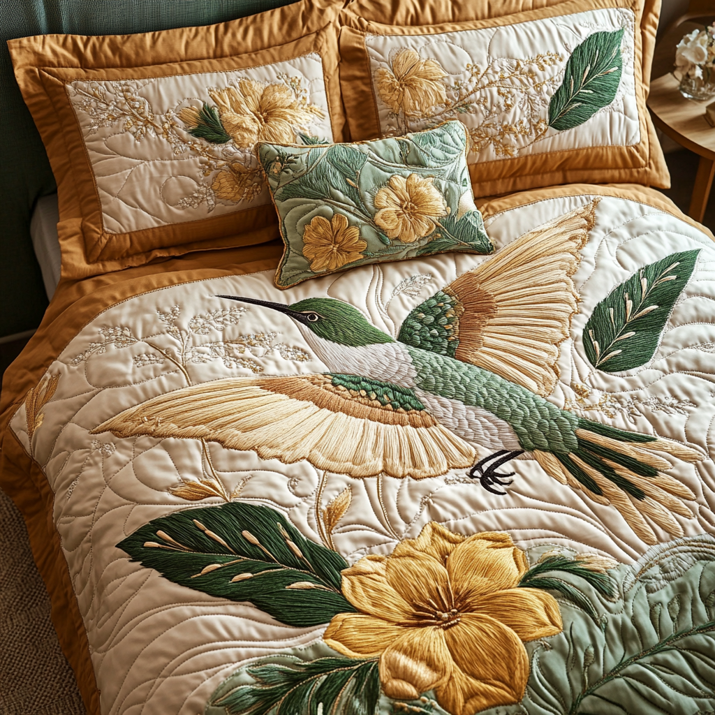 Humming Bloom Quilted Bedding Set Cozy Bedroom Decor Best Hummingbird Gifts For Christmas
