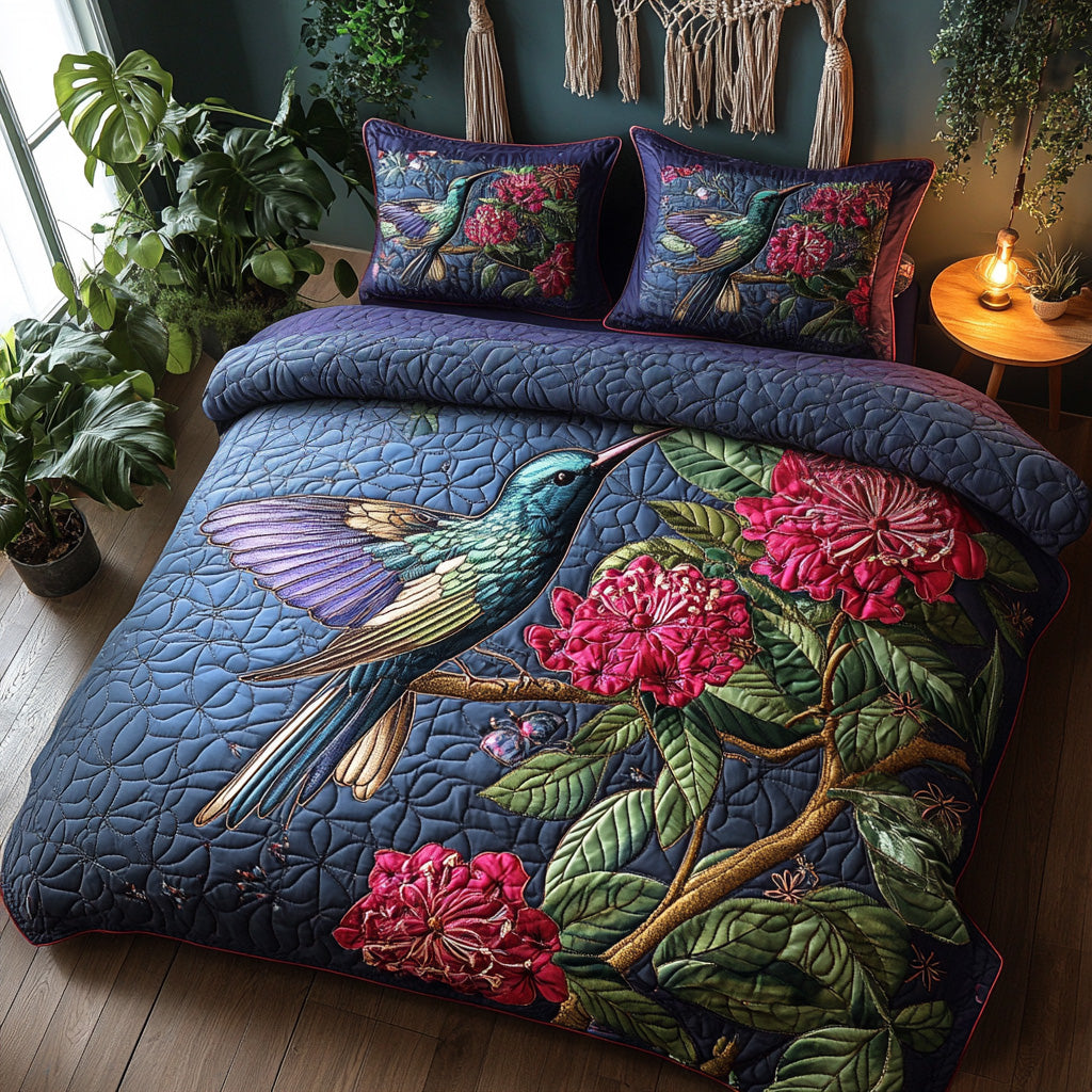 Humming Bloom Quilted Bedding Set Holiday Duvet Cover Set Hummingbird Gifts For Women
