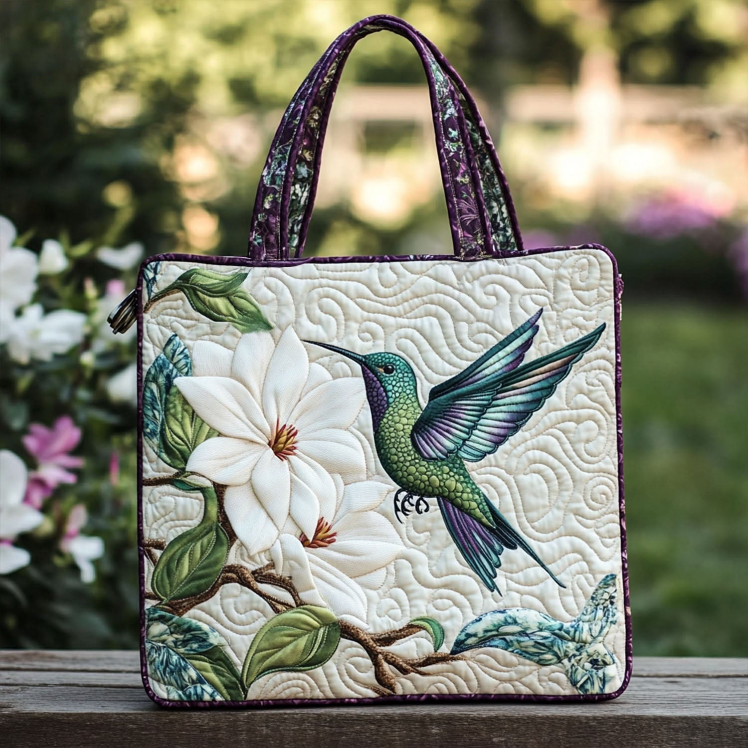 Humming Blossom Quilted Tote Bag Gifts For Hummingbird Lovers
