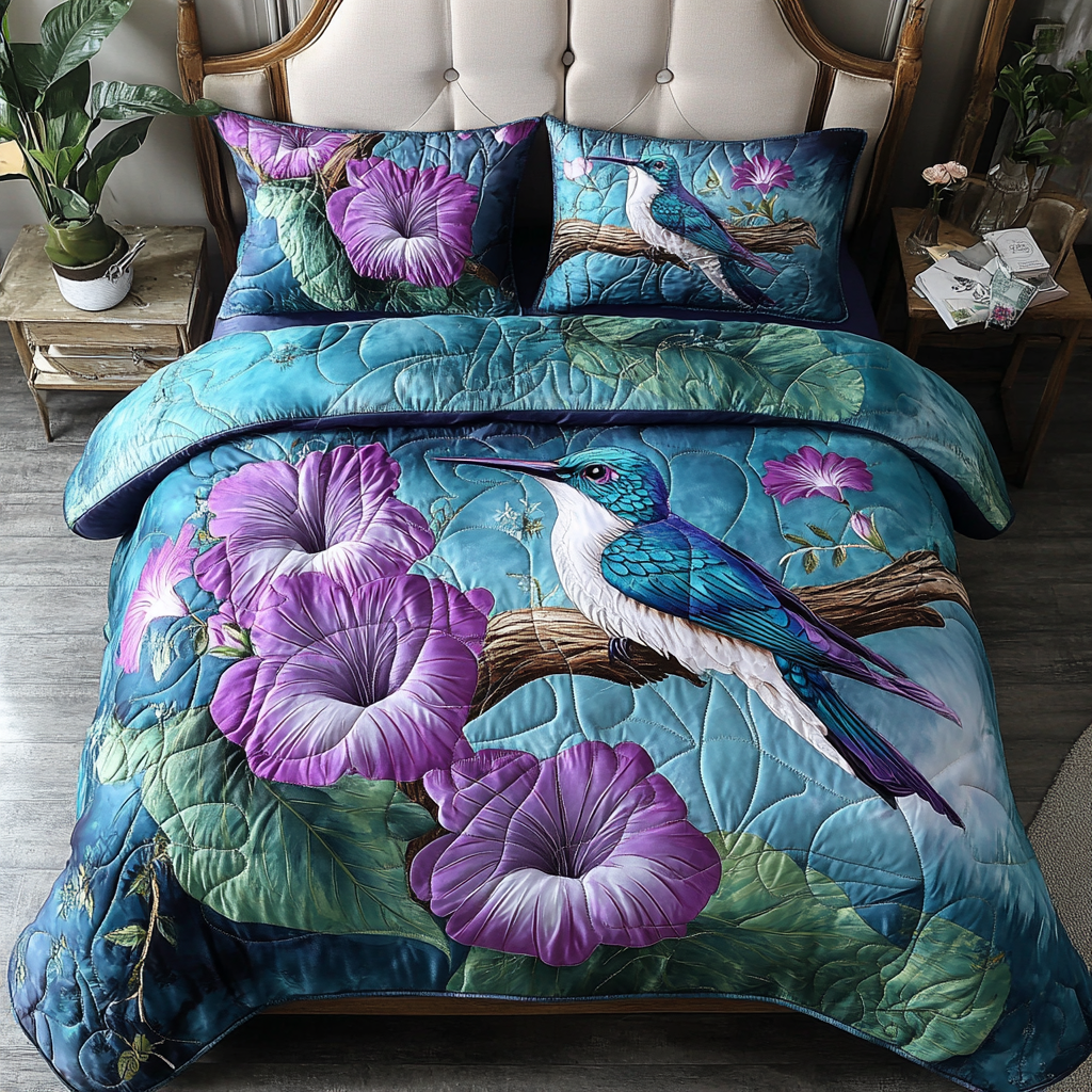 Humming Grace Quilted Bedding Set Bed Decorations Hummingbird Feeder Gift
