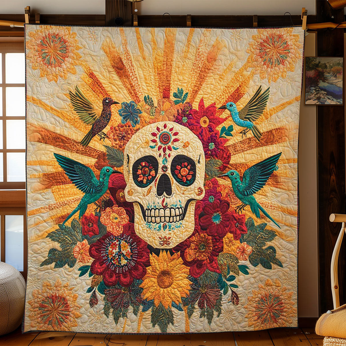 Hummingbird And Blooming Skull Holiday Quilt Blanket Christmas Gifts For Husband