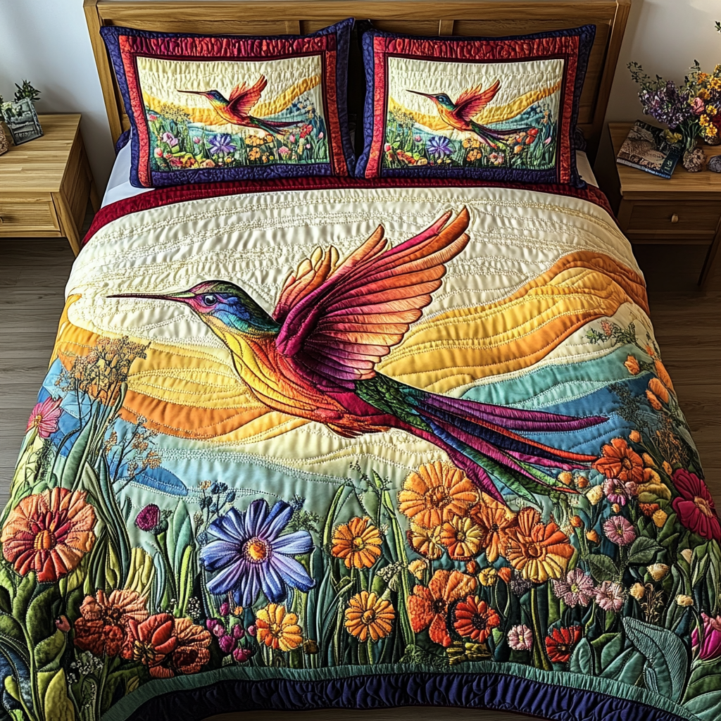 Hummingbird Bliss Quilted Bedding Set Bed Decor Best Hummingbird Lover Gifts For Him