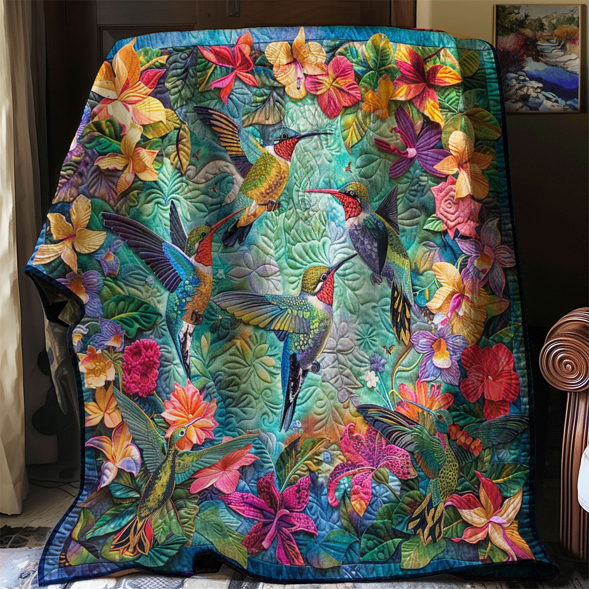 Hummingbird Blissful Blooms Quilt Blanket Queen Size Blanket Best Anniversary Gifts