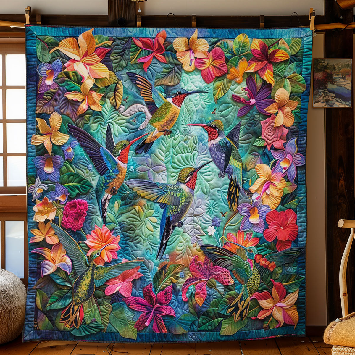 Hummingbird Blissful Blooms Quilt Blanket Queen Size Blanket Best Anniversary Gifts