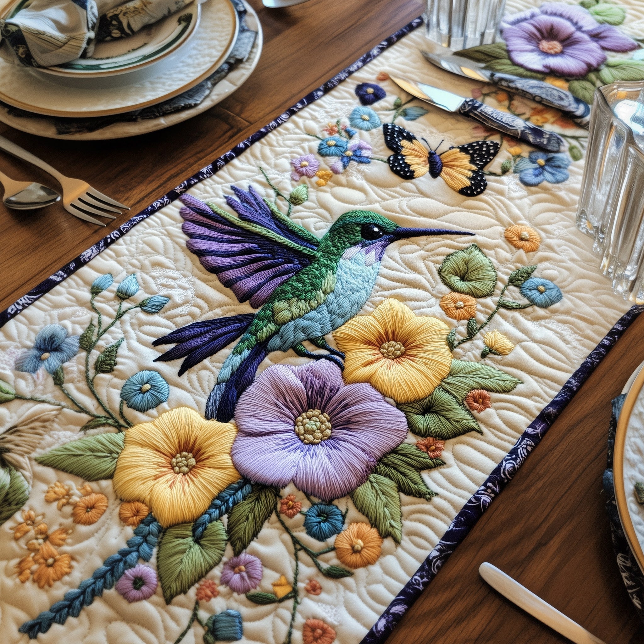 Hummingbird Bloom Garden Quilted Table Runner Christmas Table Runner Gift Idea