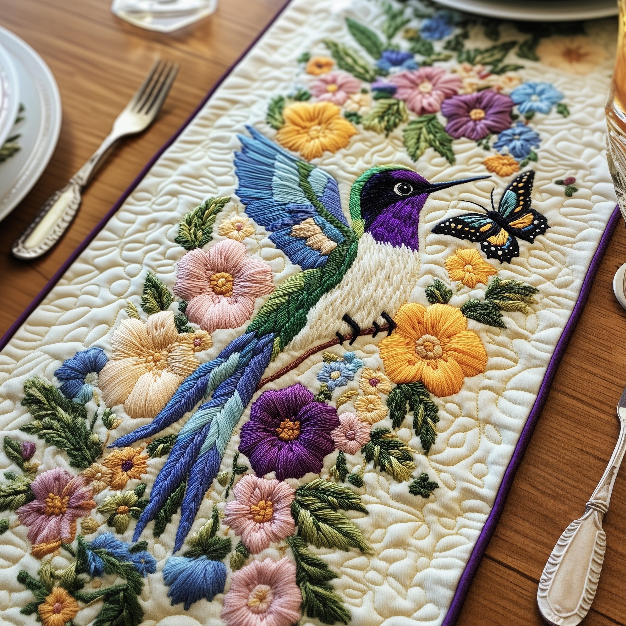 Hummingbird Bloom Garden Quilted Table Runner Holiday Banquet Table Runner