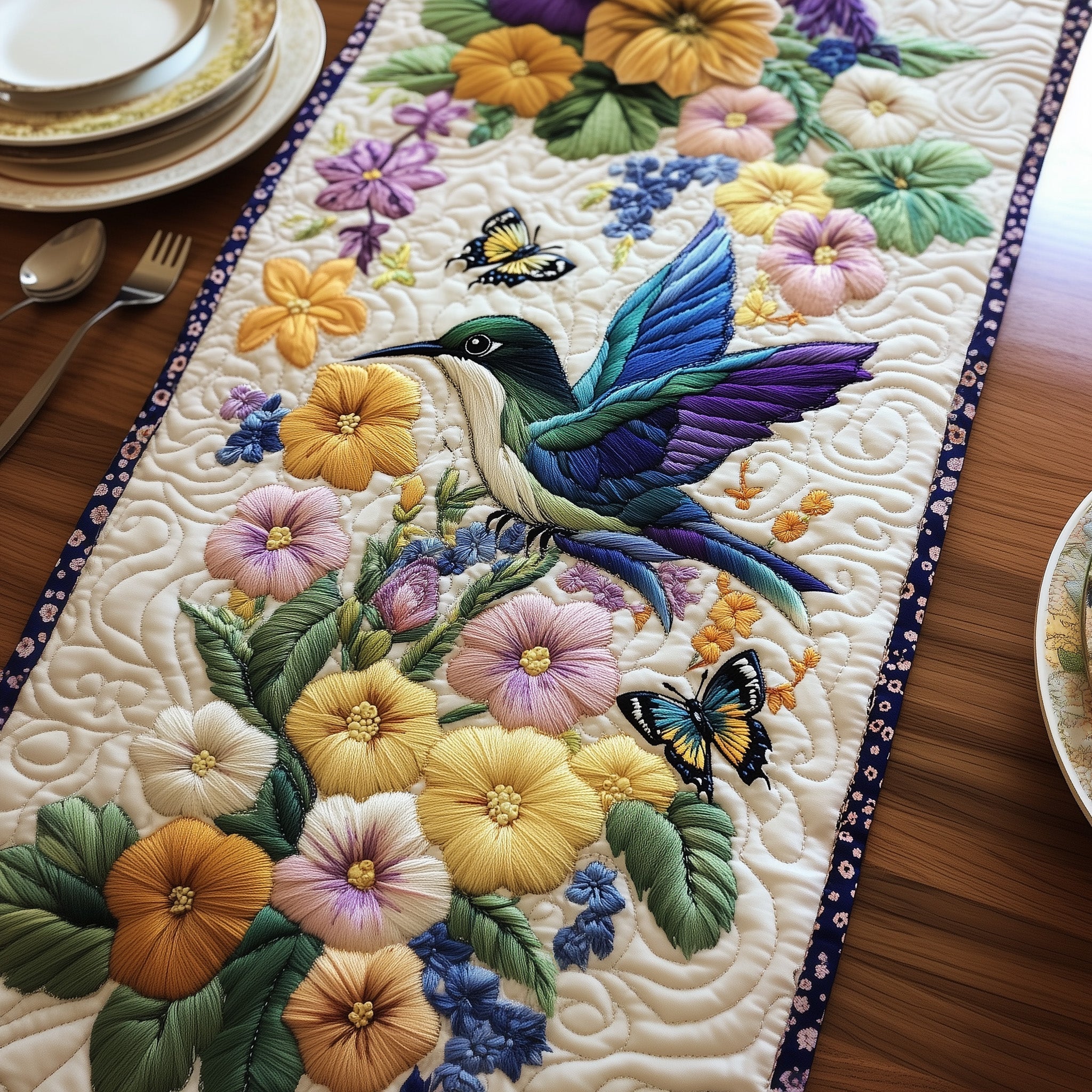 Hummingbird Bloom Garden Quilted Table Runner Table Runner for Holiday Gatherings