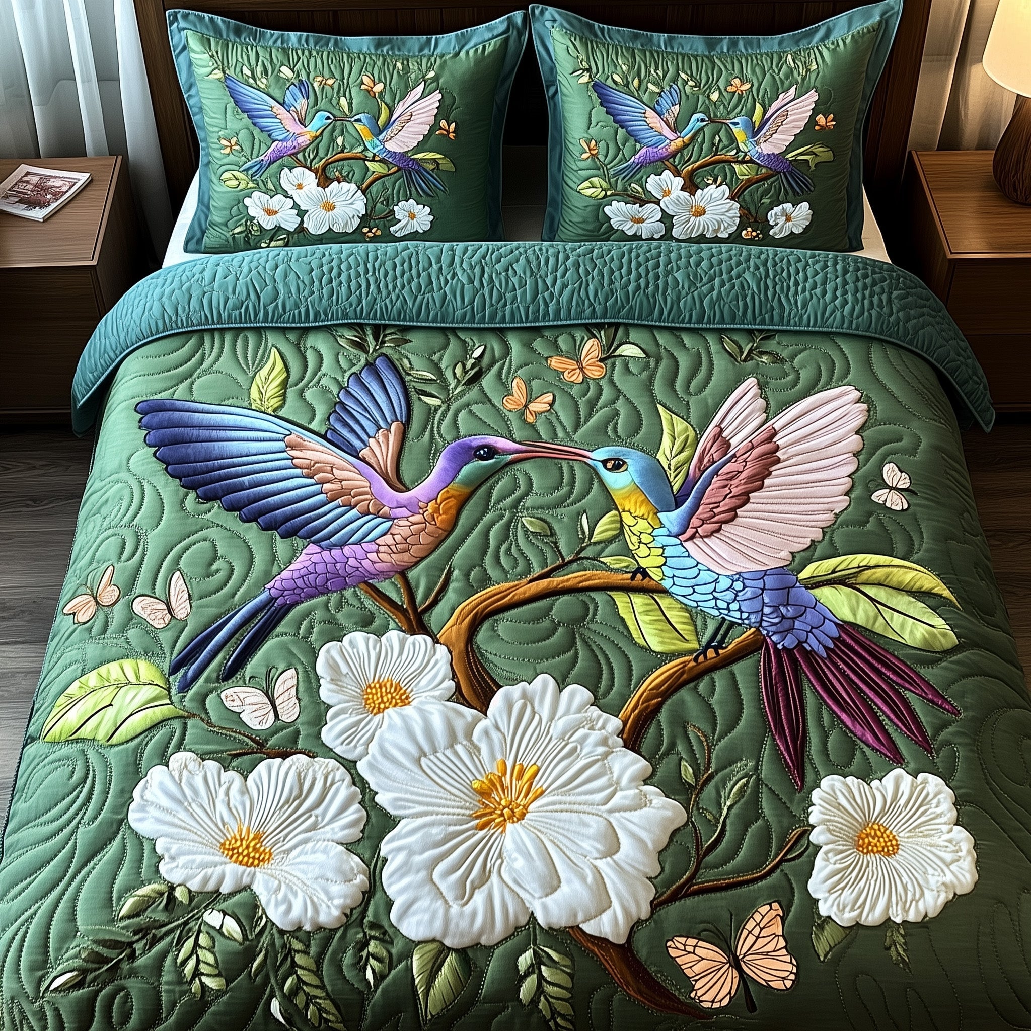 Hummingbird Bloom Quilted Bedding Set Cozy Bedroom