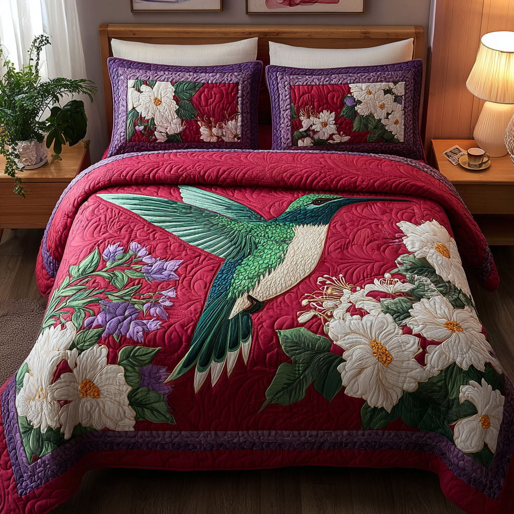 Hummingbird Bloom Quilted Bedding Set Cute Room Decor Great Hummingbird Themed Gifts