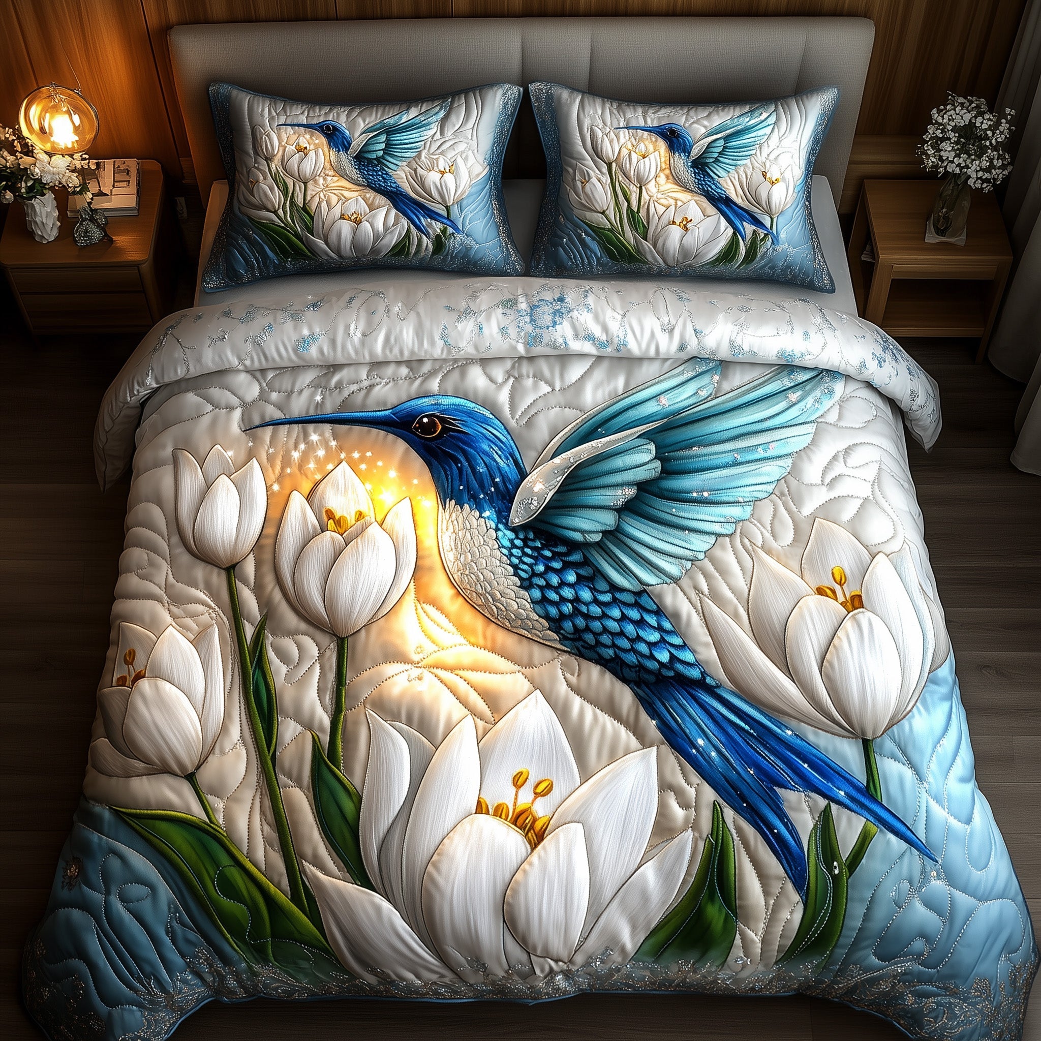 Hummingbird Bloom Quilted Bedding Set Duvet Cover Bedspread Christmas Hummingbird Gifts For Her