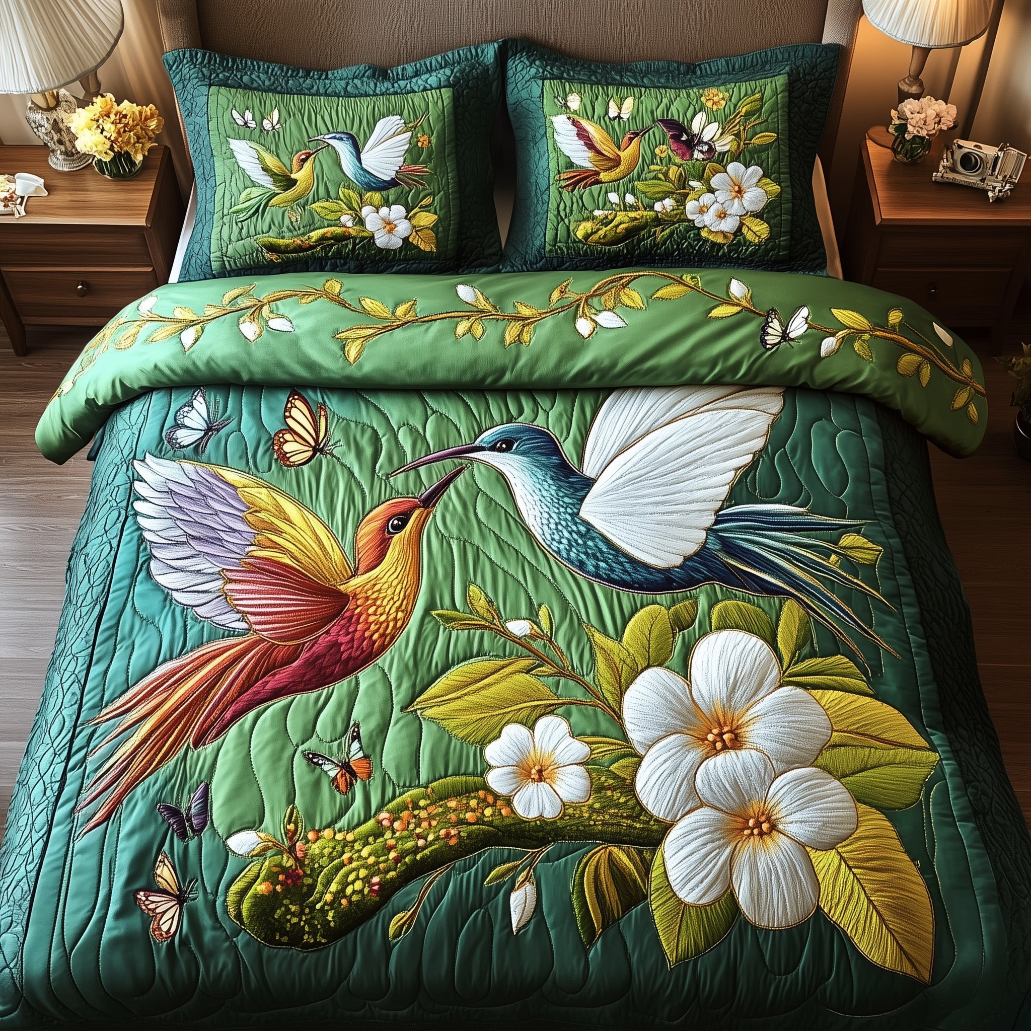 Hummingbird Bloom Quilted Bedding Set Duvet Cover Bedspread Hummingbird Themed Gifts