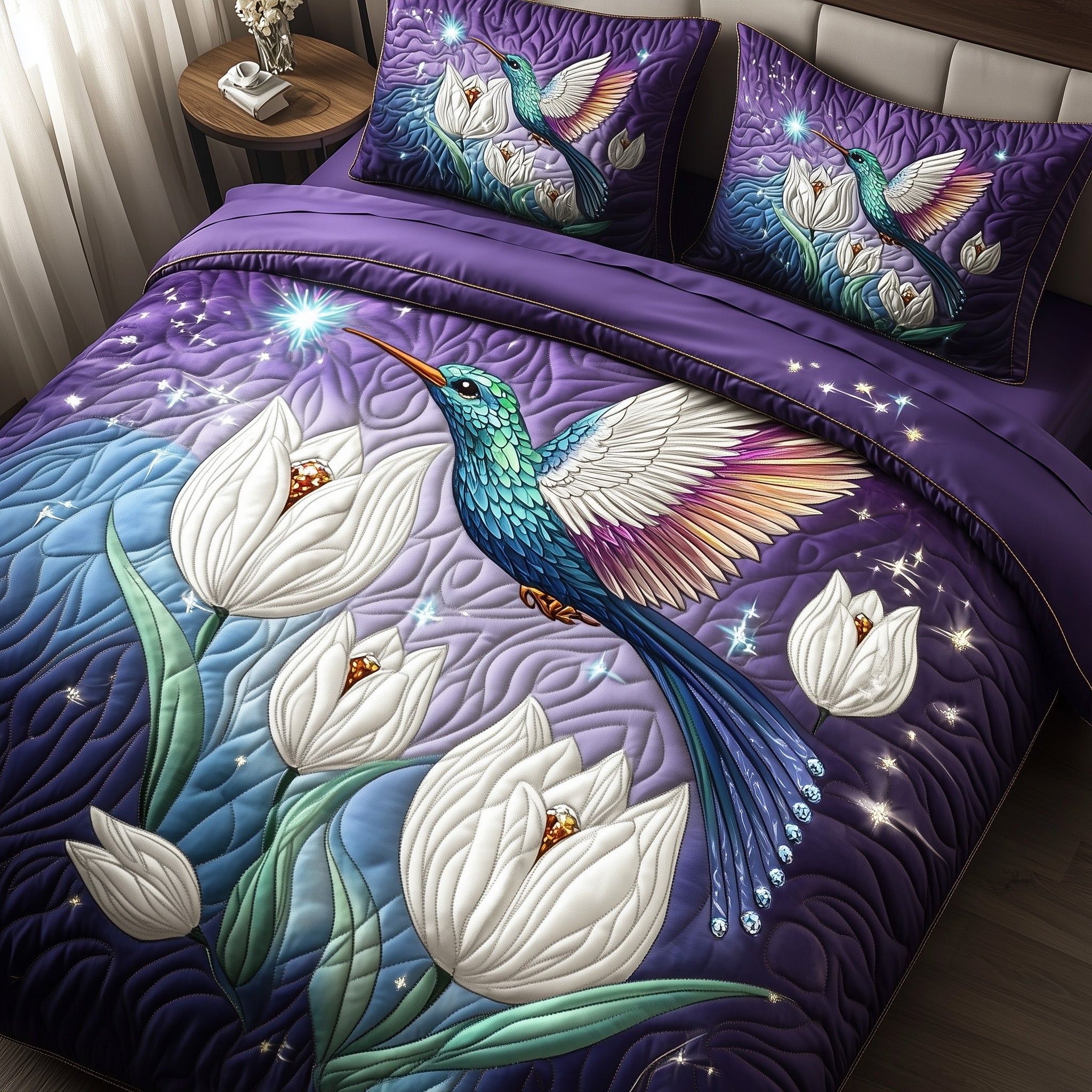 Hummingbird Bloom Quilted Bedding Set Duvet Cover Bedspread Unique Gifts For Hummingbird Lovers