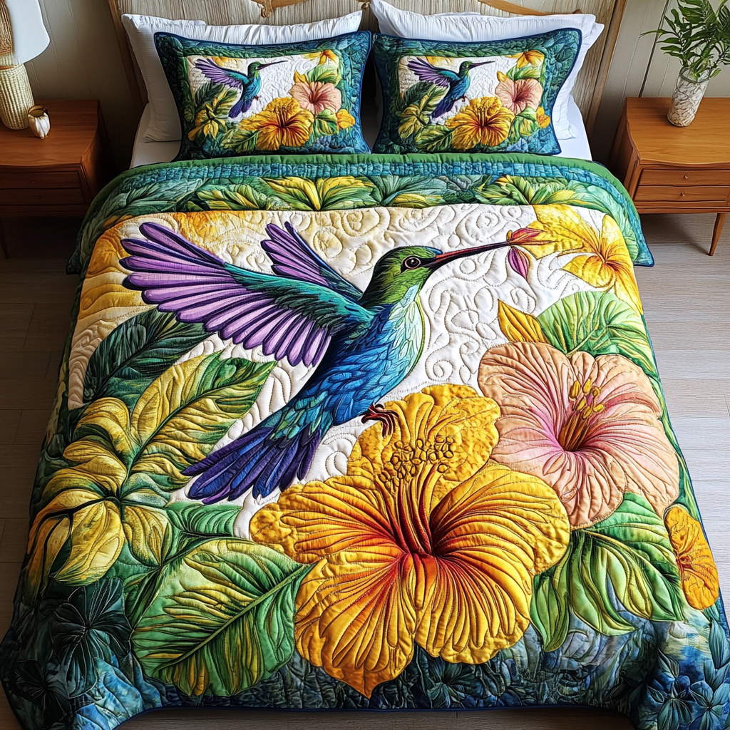 Hummingbird Bloom Quilted Bedding Set Elegant Bedding Set Gift for Newlyweds