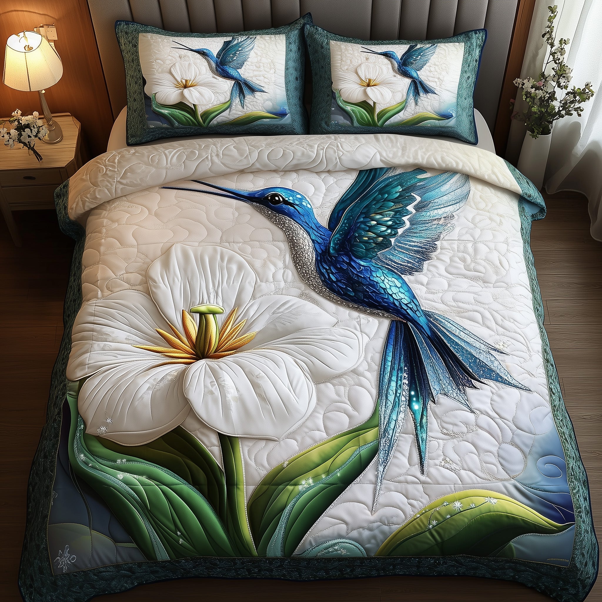 Hummingbird Bloom Quilted Bedding Set Relaxing Sleep