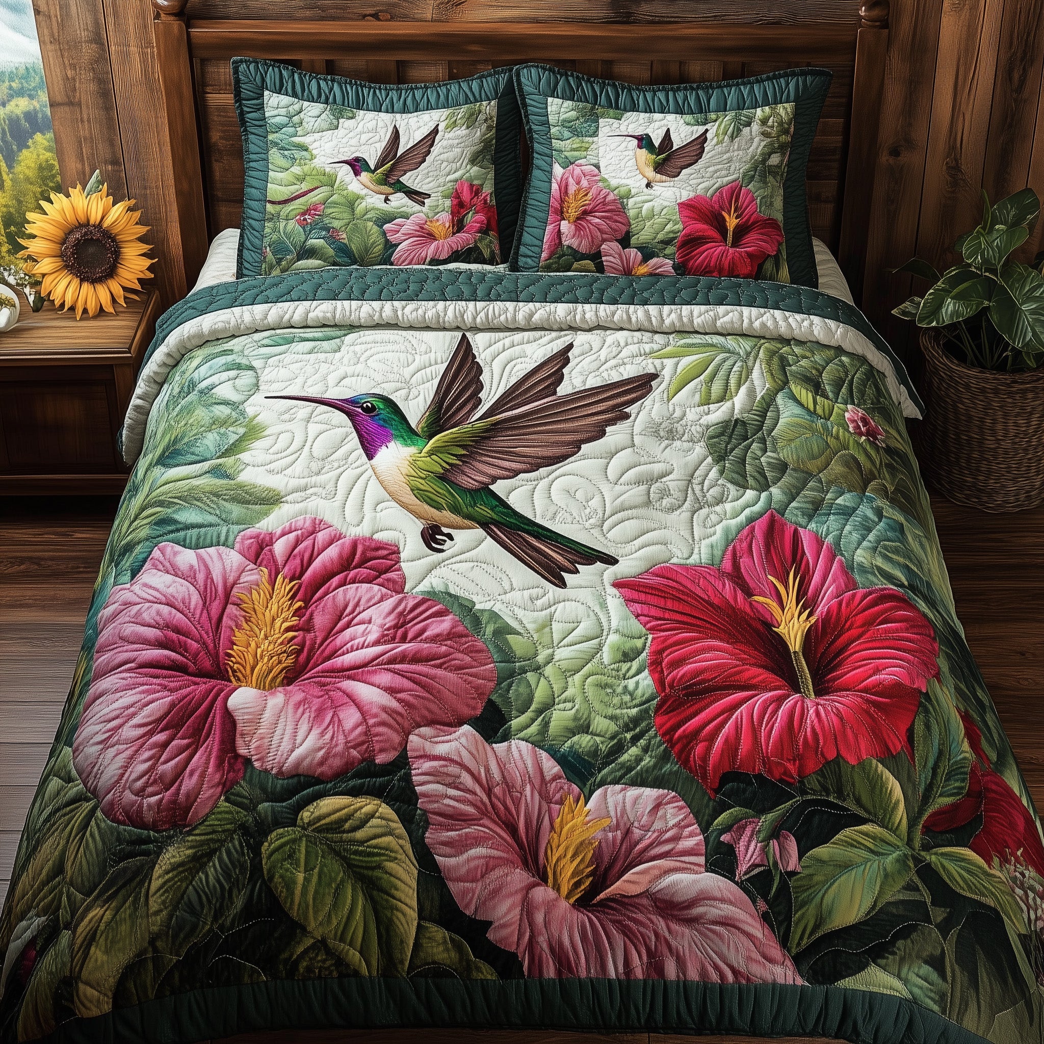 Hummingbird Blossom Realm Quilted Bedding Set Duvet Cover Bedspread Gifts For Hummingbird Lovers