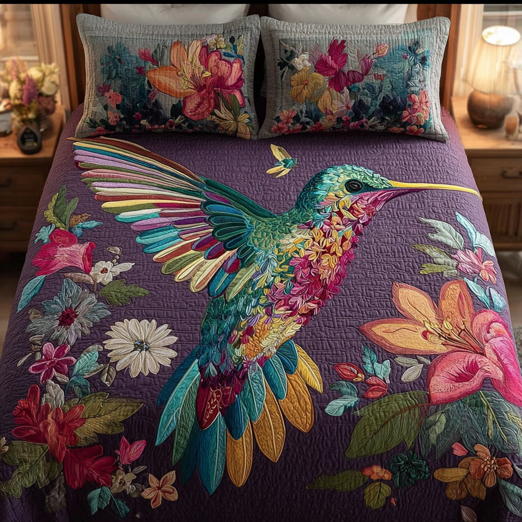 Hummingbird Charm Quilted Bedding Set Holiday Season Duvet Cover Set Birthday Presents For Hummingbird Lovers