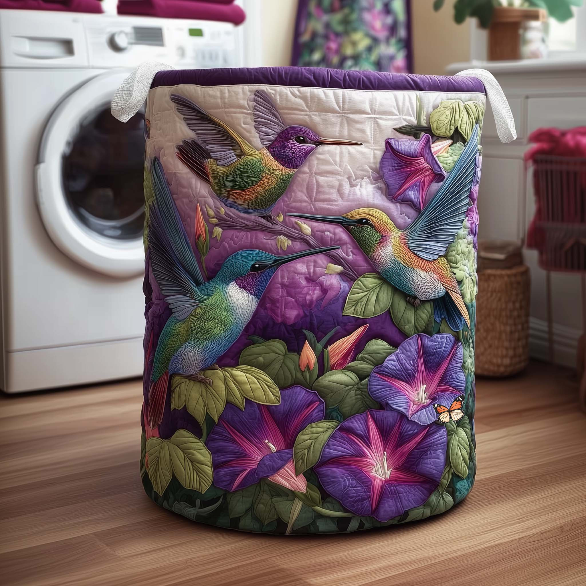 Hummingbird Charm Quilted Laundry Basket Modern Home Decor Gifts For Bird Lovers