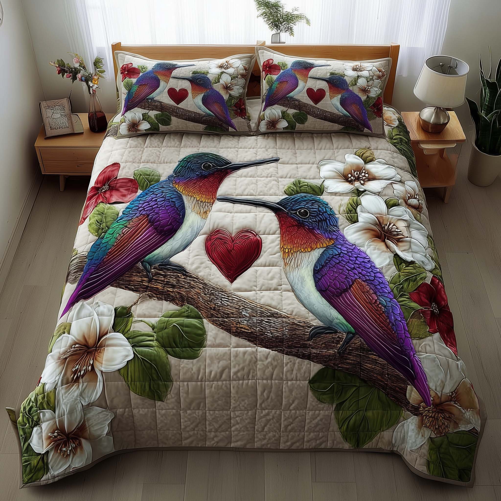 Hummingbird Embrace Quilted Bedding Set Floral Bird Bedroom Decor Best Gift For Bird Lovers