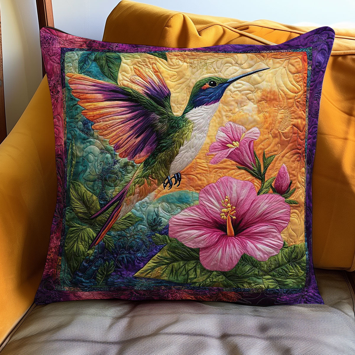 Hummingbird Enchantment Quilt Pillow Case Elegant Pillow Cover Merch Gift for Stylish Homes
