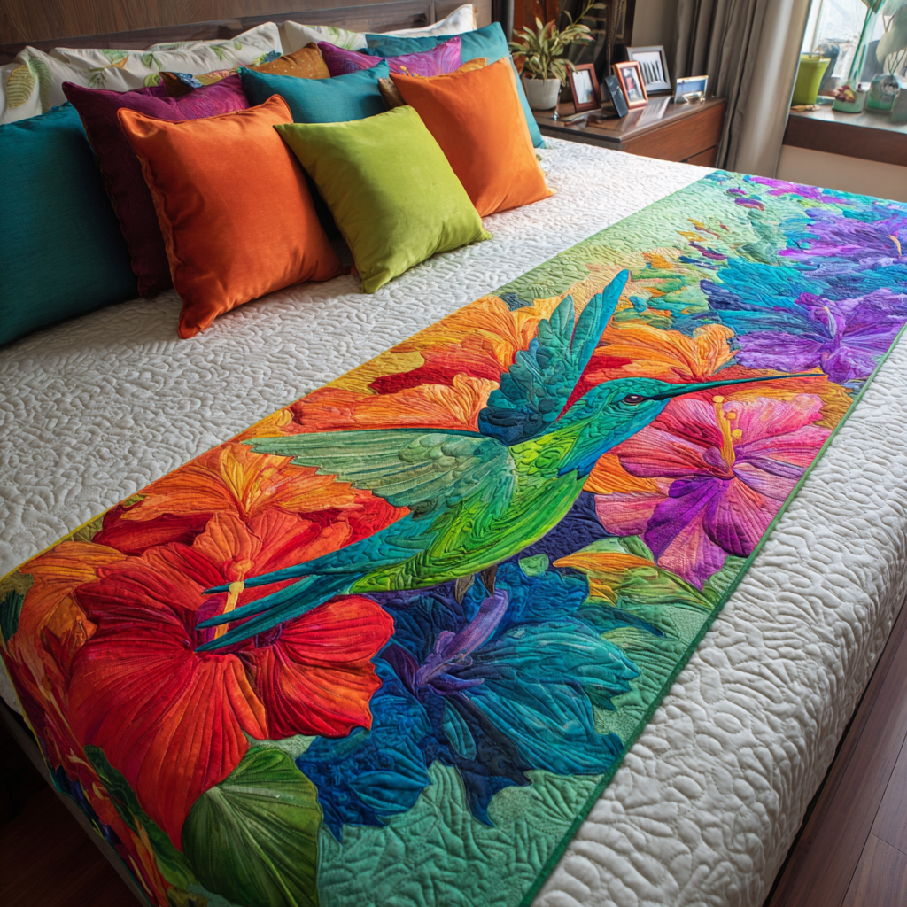 Hummingbird Flight Quilted Bed Runner Cozy Bedroom Decor Hummingbird Themed Gifts