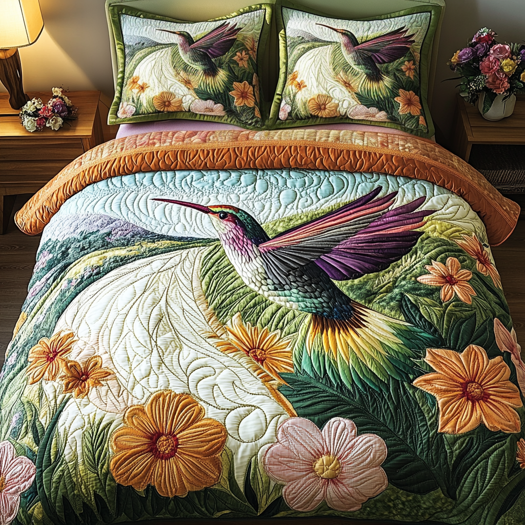Hummingbird Flight Quilted Bedding Set Best Bed Sheet Set Best Hummingbird Gifts For Christmas