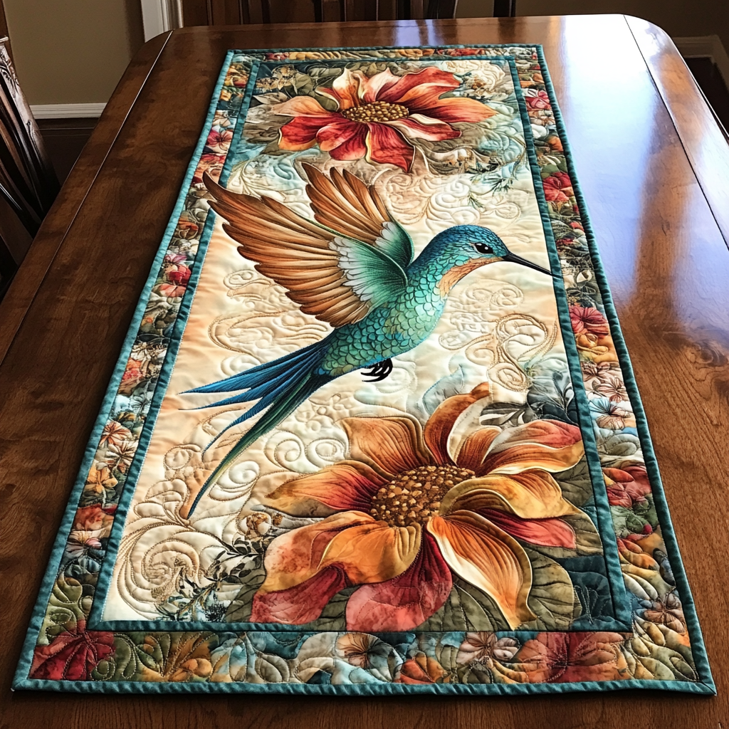 Hummingbird Flight Quilted Table Runner Kitchen Table Decor Hummingbird Gift Ideas