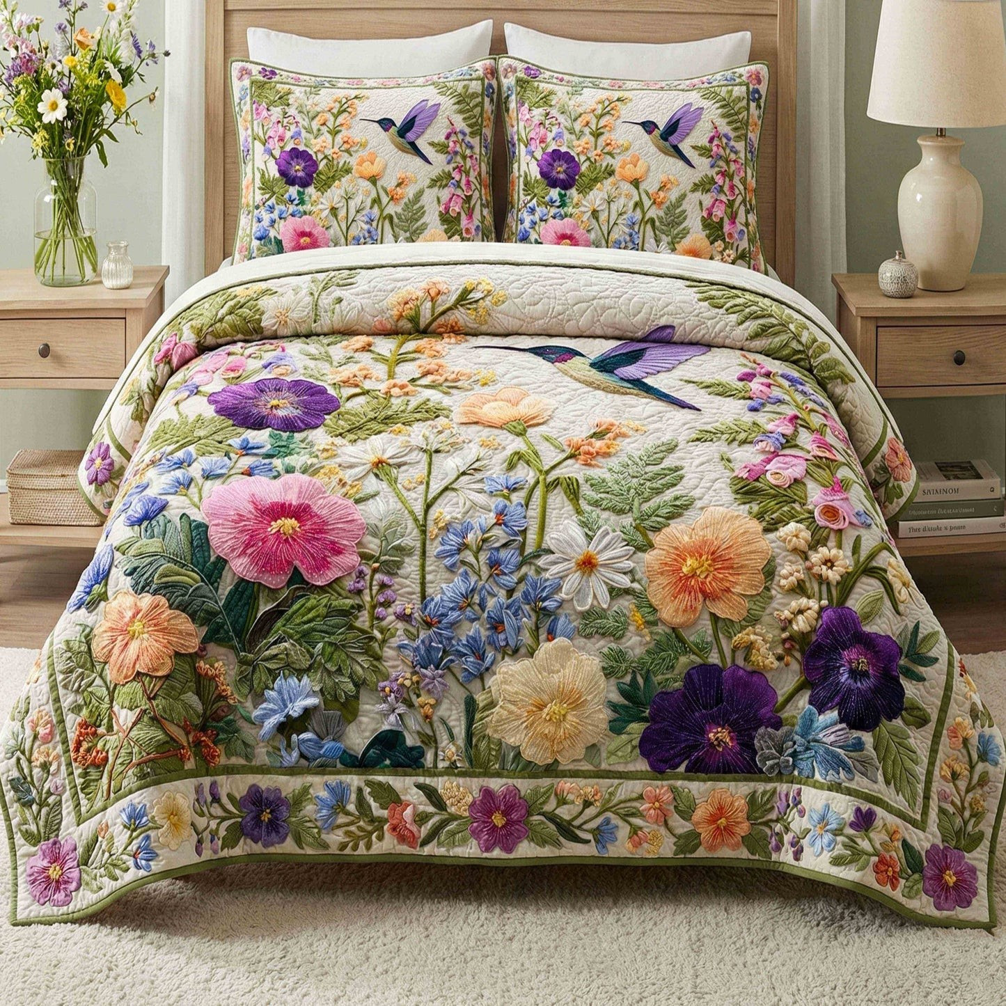 Hummingbird Floral 3-Piece Quilted Bedding Set Garden Nature Bedspread Best Gift For Her Mom