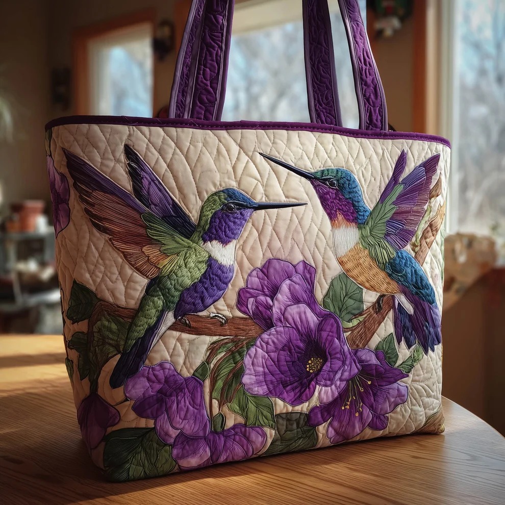 Hummingbird Floral Garden Quilted Tote Bag Bird Lover Nature Botanical Colorful Outdoor Gift For Her