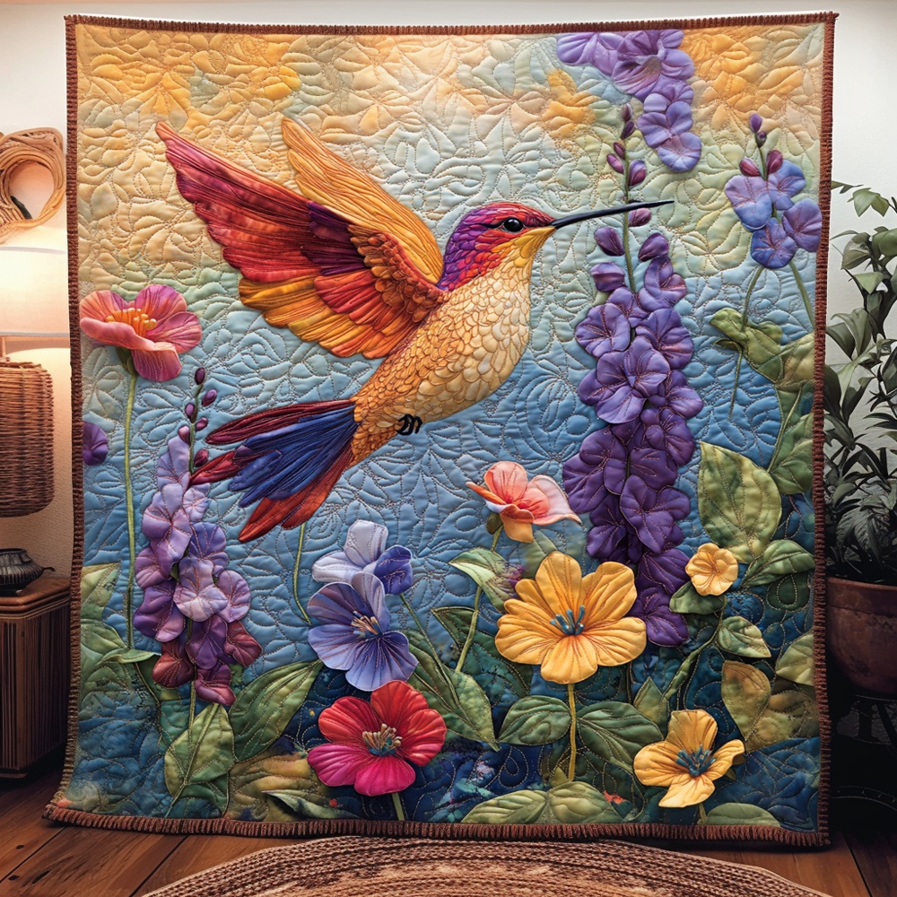 Hummingbird Garden Flowers Quilted Blanket Nature Bird Patchwork Art Throw Best Gift For Bird Lovers