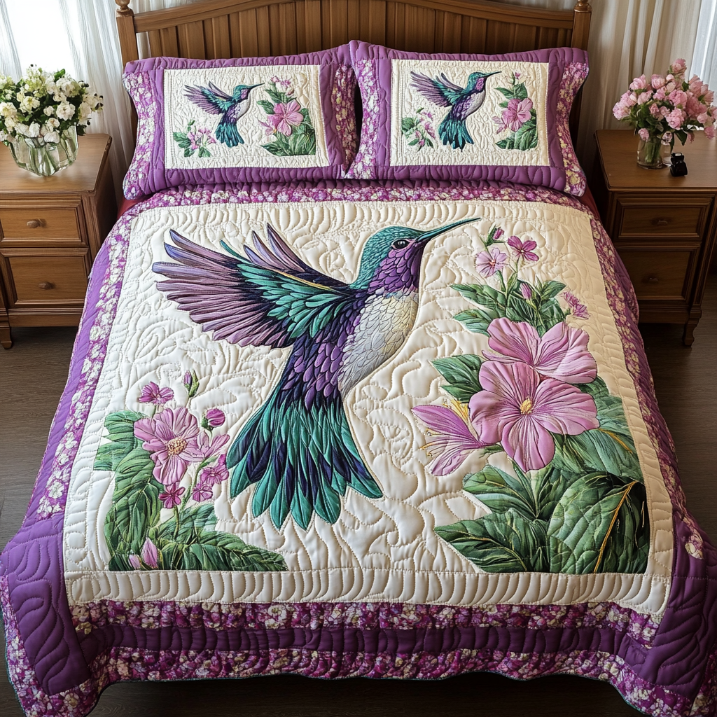 Hummingbird Glow Quilted Bedding Set Cute Room Decor Hummingbird Themed Gifts